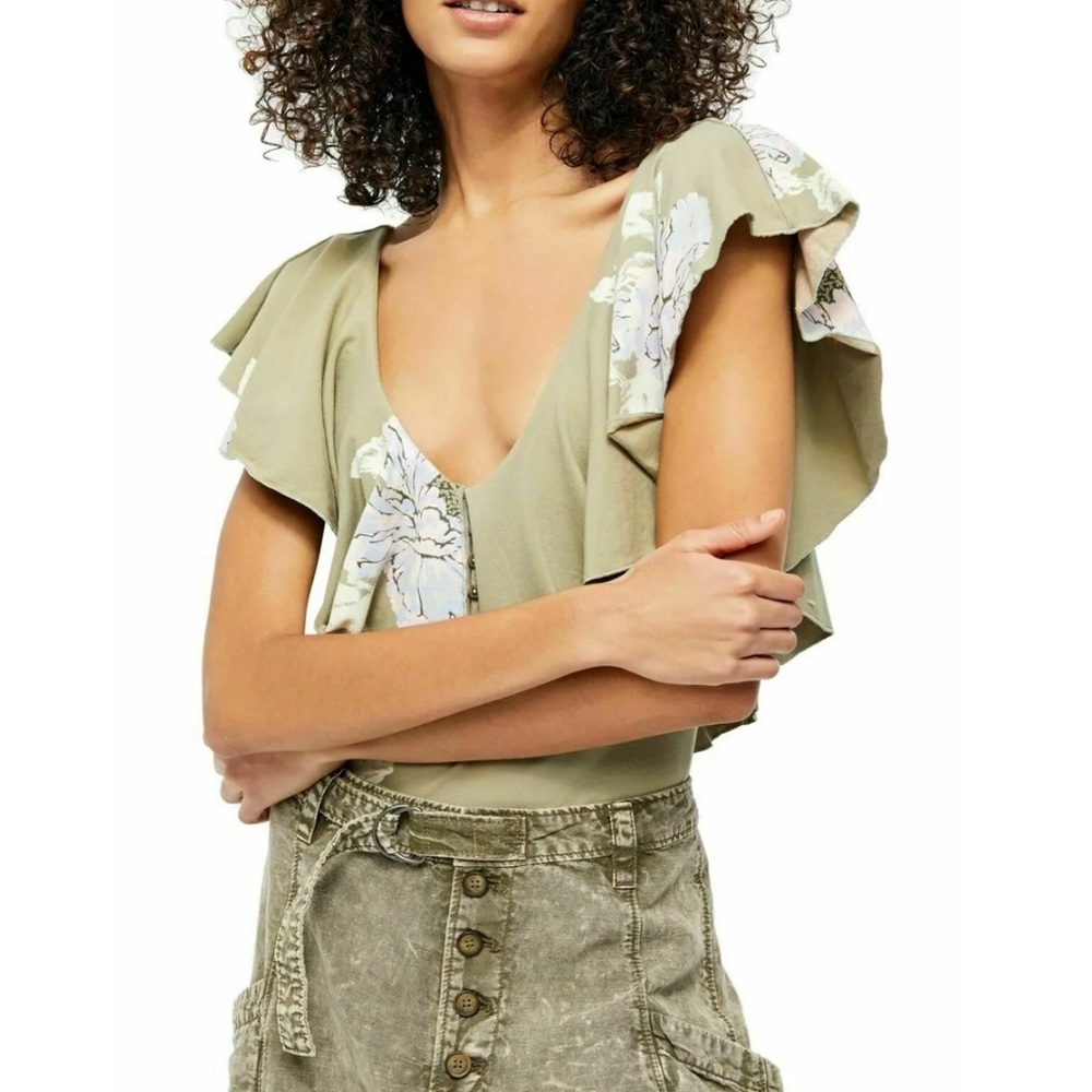 Free People Olive Floral Bodysuit